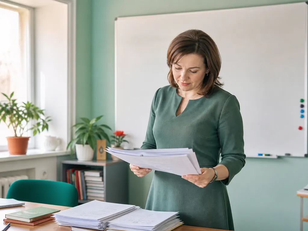 Учитель проверяет работы в классе
